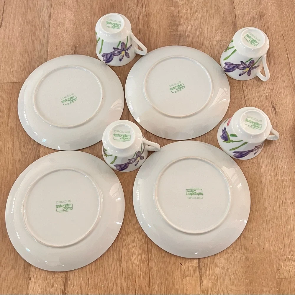 Vintage Crocus Flowers Snack Plates & Cups‎ Set Of 4 (8 PCs) - Japan Sigma Mint